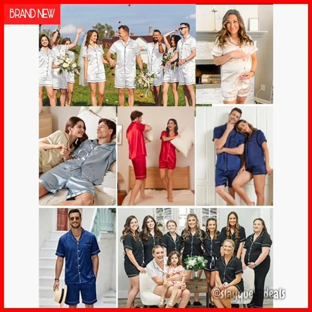 Silk Satin Pajama Set Short Sleeve Button Down Lounge Wear S-XXL